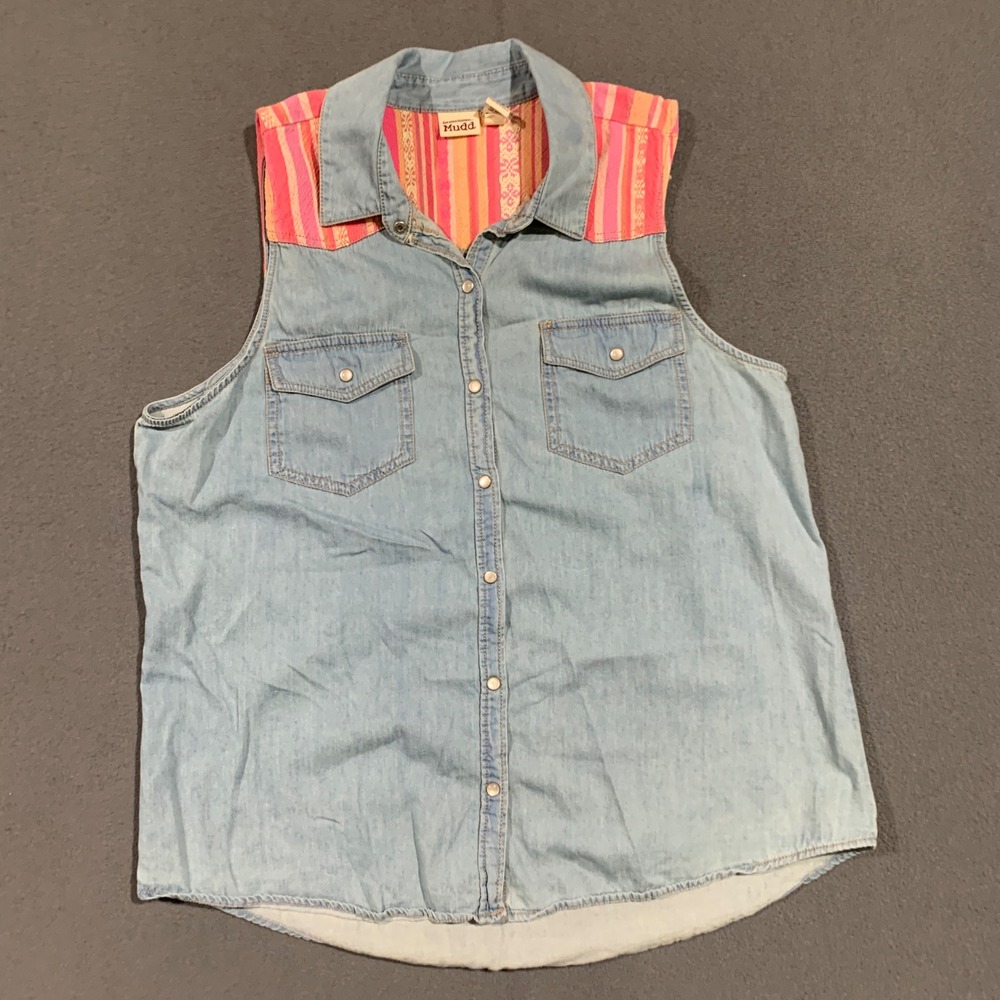 Mudd Womens XL Denim Sleeveless Shirt Top Button Front Western Bohoโ Festival